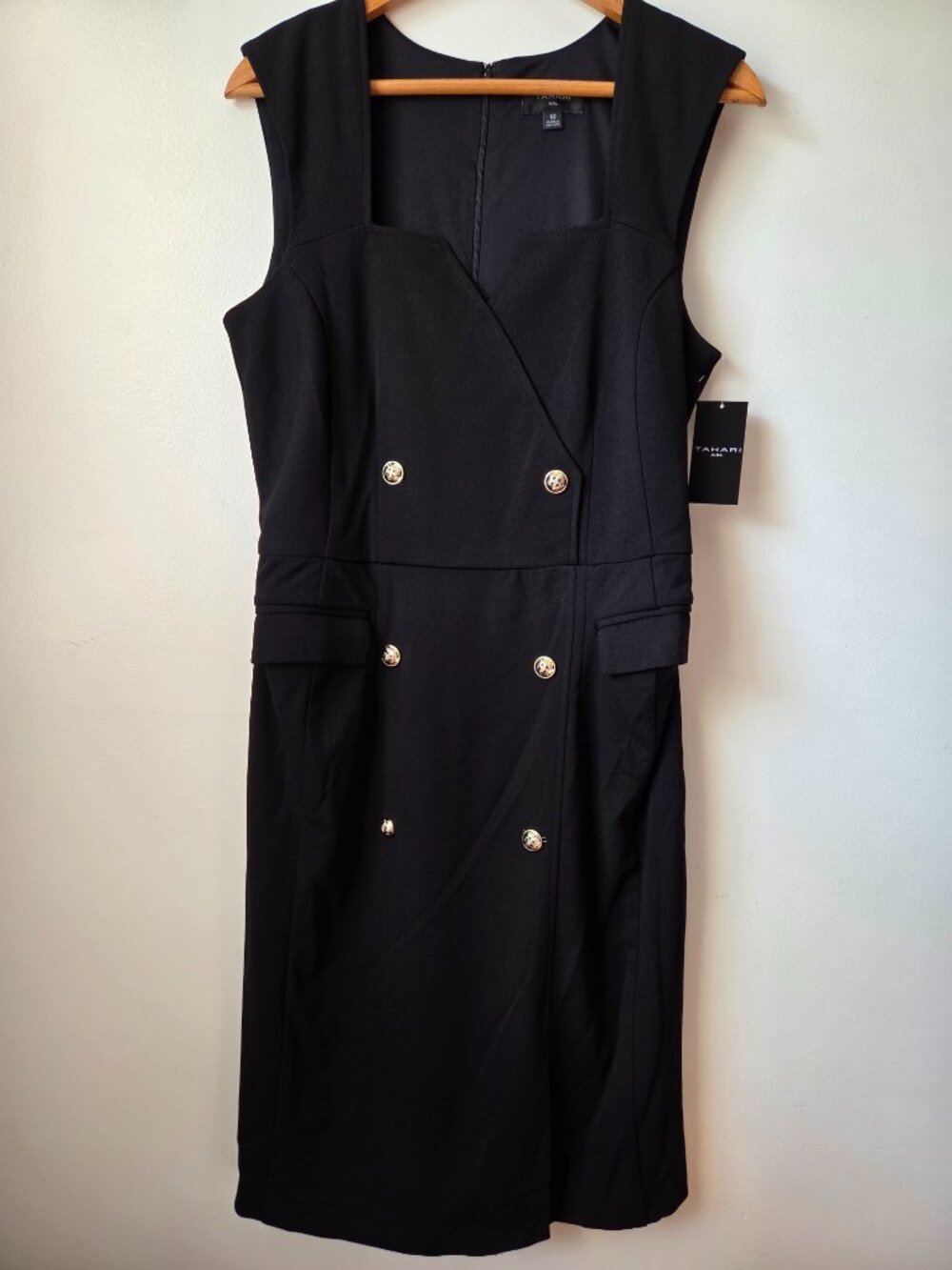 NWT TAHARI ASL BLACK DOUBLE BREASTED STYLE BUTTONED SWEETHEART NECK DRESS SZ 10